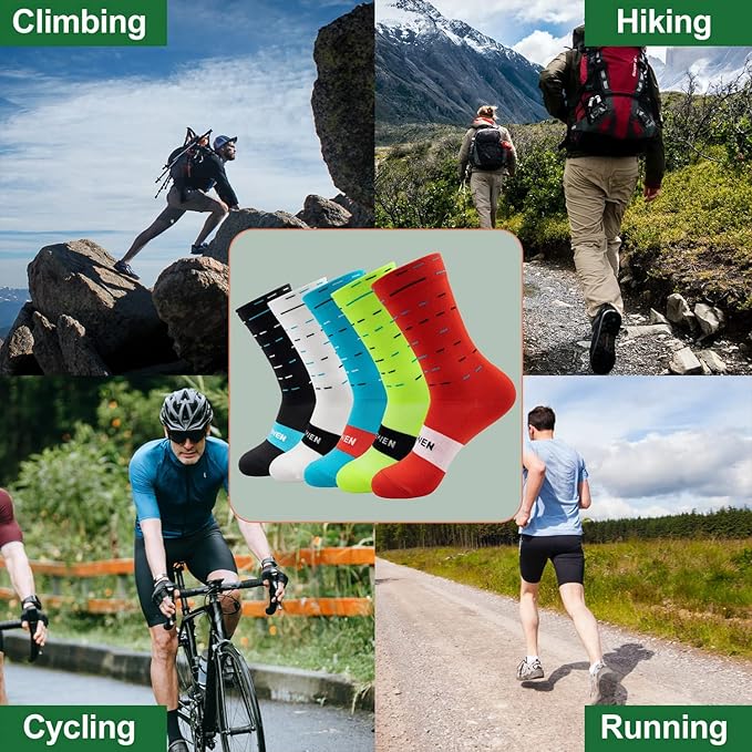 Cycling Socks Compression Athletic Crew Running Socks Mens Womens Hiking Riding Bike Workout Climbing Sports 5 Pairs