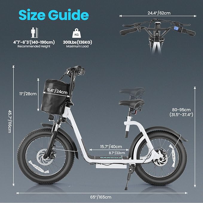 Caroma 819W Foldable Electric Scooter Adults, 20" Fat Tire Electric Bike with 500Wh Battery, Up to 30Miles & 20MPH, Adult Electric Bicycles for Commuting with Basket&Adjustable Seat