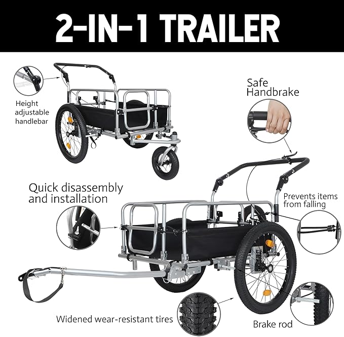 Lightweight Bicycle Trailer, Foldable Bike Cargo Trailer with Universal Hitch, 3-in-1 Portable Bicycle Trailers Folding, for Camping, Groceries, 110 LBS Load Capacity