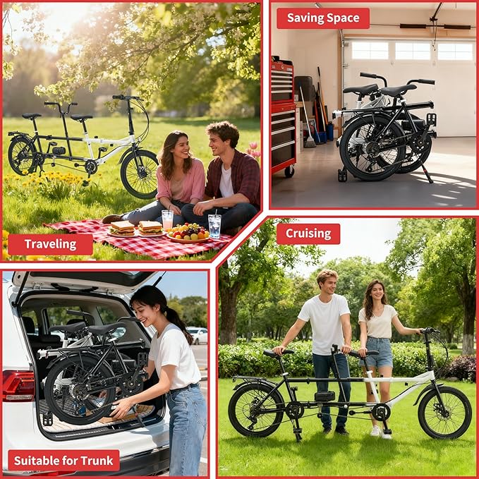 Folding Tandem Bike,20 Inch 7-Speed Two Person Bicycle, High Carbon Steel City Beach Cruiser with Dual Disc Brakes, Adjustable Seat Height, Portable 2-Seater Bike for Travel