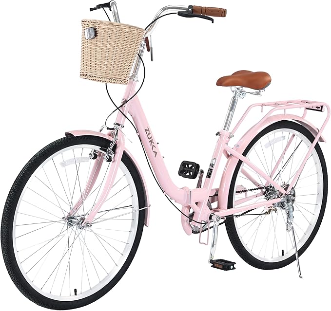24/26 Inch Folding Girls/Womens Cruiser Bike，1-Speed Foldable Hybrid City Bicycle with Dual Brakes,Basket & Rear Rack，Adjustable Seat Post&Handlebar，3 Colors