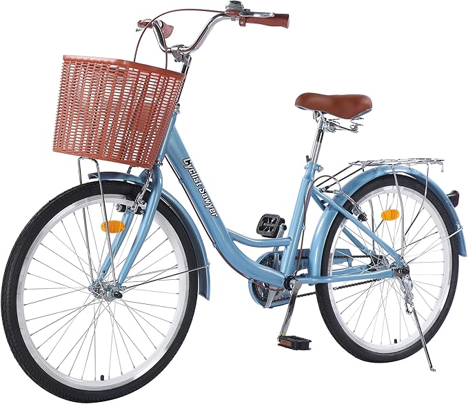 24/26in Beach Cruiser Bike for Women, Adults Bicycle Single Speed, Bicycle for Women with Basket & Steel Rack, Women's Bike for Commuting, Step Through City Bike for Adults