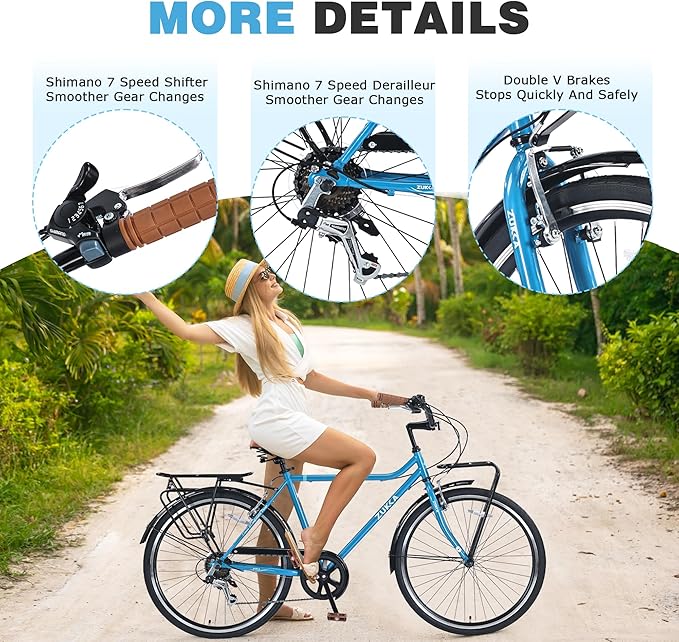 Vintage Style 26 Inch Adult Cruiser Bicycle Hybrid Bike 7 Speeds Commuter Bike for Women, Men, Seniors, SHMANO Shifter and derailleur Step-Over Steel Frame,Double Cargo Rack，4 Colors