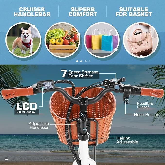 ANCHEER 26'' Electric Bike for Adults, Peak 750W Low Frame Electric City Bike with 48V/374Wh Battery, Up to 50Miles Step Through Commuter Ebike/Electric Bicycle with Basket, LCD Display
