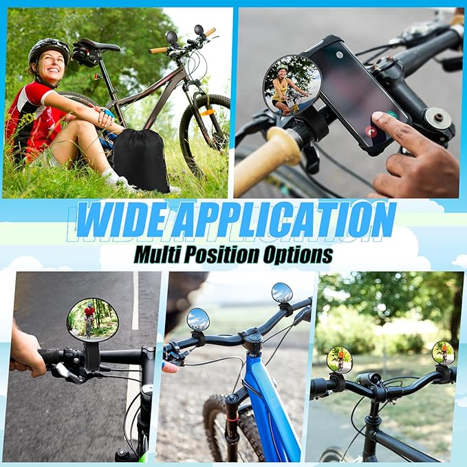 Hestya 2 Pack Bike Handlebar Mirror 360° Adjustable Rotatable Universal View Bicycle Mounted Mirror with Storage Bag Bicycle Accessories Shockproof Acrylic Convex for Mountain Road Bike
