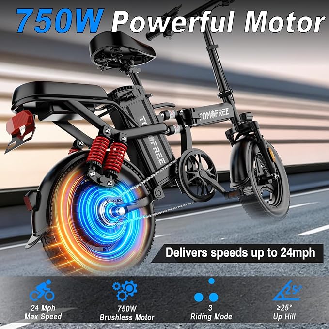 Tomofree T0 Electric Bike for Adults and Teens with 750W Peak Motor, 14" Commuter E-Bike, 24MPH, 40 Miles PAS Range, Folding Ebike with Full Suspension and Removable 48V 20AH Battery (T0)