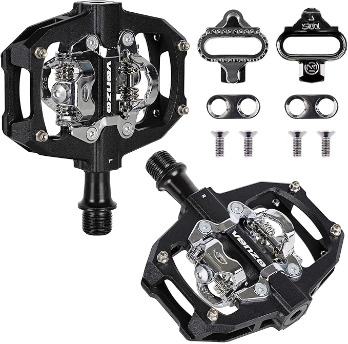 VENZO Compatible with Shimano SPD Mountain Bike CNC Aluminum Cr-Mo Sealed Pedals - Dual Sided Q Factor/Axle Length 57mm with Cleats