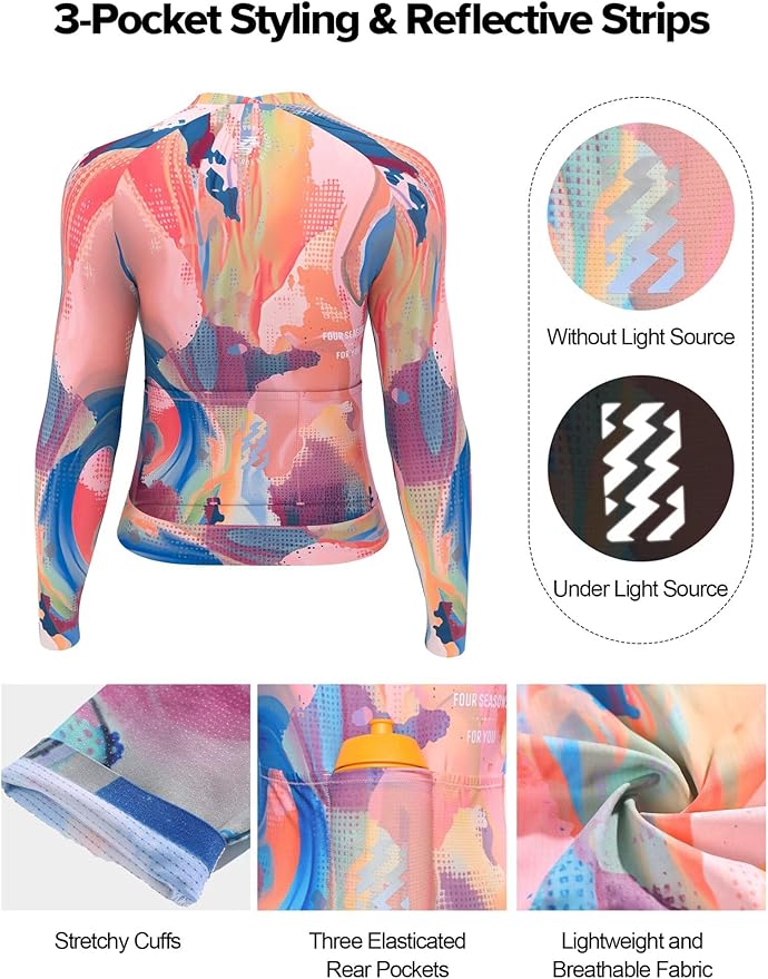 LAMEDA Cycling Jersey Women Long Sleeve, Breathable Bike Jersey with Pockets, Bike Shirts for Bicycle Road Biking Riding