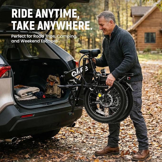 Qlife Hunter Foldable Electric Bike for Adults, Peak 1200W Ebike with 48V 13.5Ah Battery, 65-Mile Range, Heavy-Duty Rear Rack, 20-Inch Fat Tires, Folding E Bike for Commuting & Outdoor Use