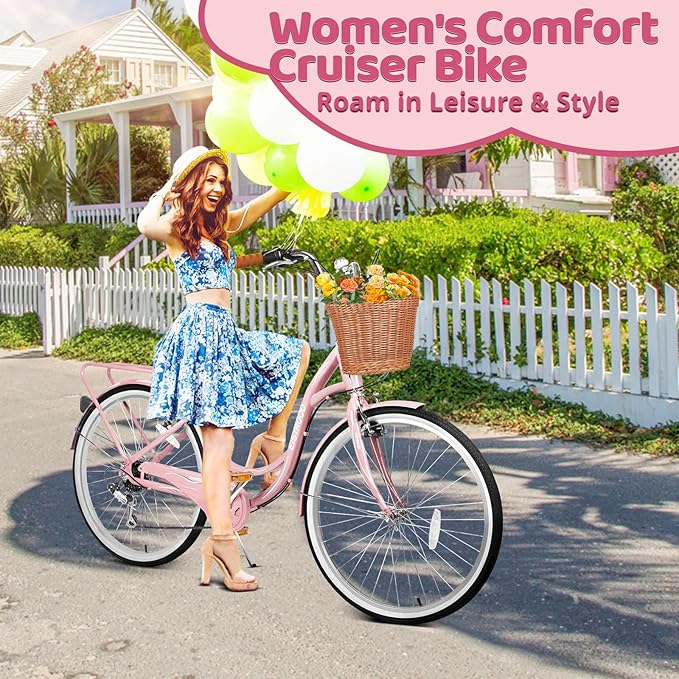 26 Inch Folding Beach Cruiser Bike for Women, 7-Speed Ladies Bike with Basket & Rack, Perfect for City Commuting's Bicycle, Ideal for Women and Adults