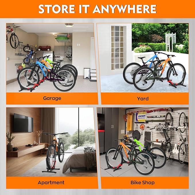 Bike Stand Floor, Portable Bike Storage for Garage - Fit for 24"-29" Bikes, Tire Width up to 3.5", Road & Mountain Bicycle Stand, Front and Rear Wheel Parking Rack - Red