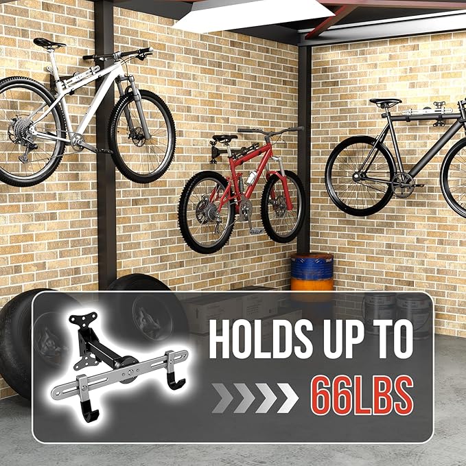 Heavy-Duty Bike Wall Mount for Garage Aluminum Alloy & Steel Folding Bicycle Rack,360° Rotation,Adjustable Hook, 66lbs Capacity Horizontal Indoor Bike Storage, for Road Mountain Hybrid Bikes