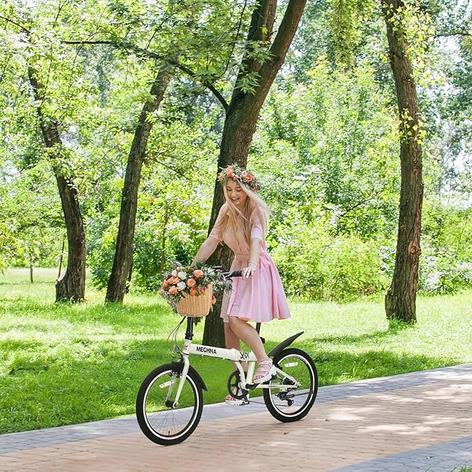 20 Inch Folding Bike for Adults, 6-Speed City Commuter Bike with Steel Frame,Quick-Release Fold, Front Basket, Phone Holder & V-Brakes