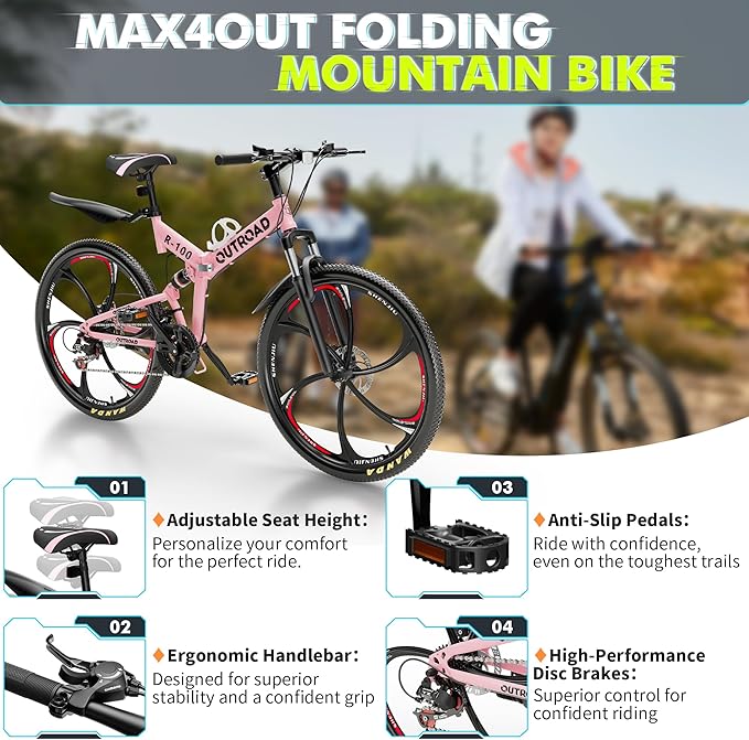 26 Inch Folding Mountain Bike, 21 Speed Full Suspension Bicycle Dual Disc Brake Non-Slip Quick Release tire for Adults Men Women(Balck/Pink/Green/Orange/White/Purple)