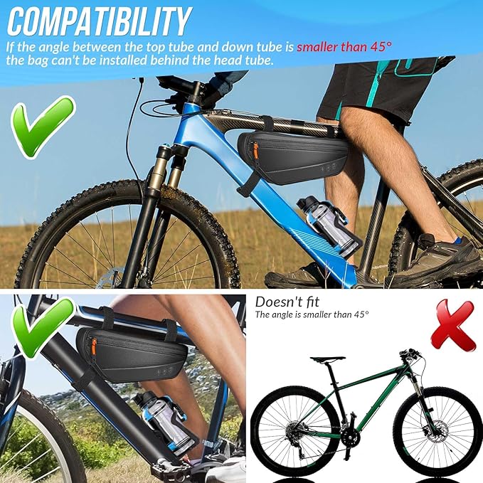 WOTOW Bike Frame Bag - Waterproof Bike Triangle Bag with Side Pocket - Reflective Bicycle Under Tube Storage Pouch for Road Mountain Cycling Travel, 1.8L