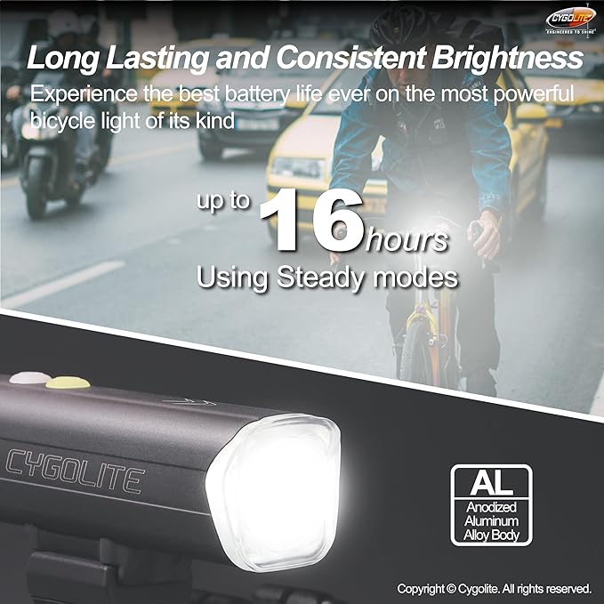 Cygolite Velocity 1600, 1200, 1000, 800 Lumen USB-C Bike Lights – Anodized Aluminum Alloy – 9 Light Modes – Fine Tunable Brightness - Compact, IP67 Waterproof – Hard Mount – Road & Mountain