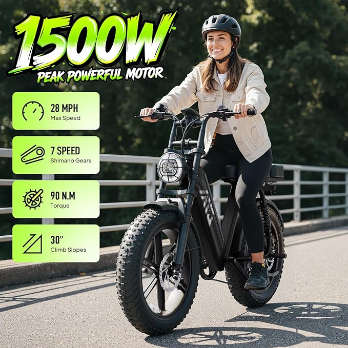 TST Electric Bike for Adults, 1500W Peak Motor Ebike with 48V 15Ah Built-in Battery, 60 Miles Range 28 MPH Electric Bike, 20" Fat Tire E Bike with 7 Speed