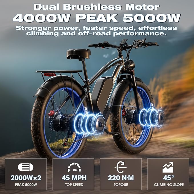 Ebike for Adults Electric, 52V 19.2Ah/32Ah, Peak 2000W/2500W E-Bike, 36/40MPH, 70 Miles/100Miles, Hydraulic Disc Brake, Off Road Snow Mountain E-Bike, 24"/26" Fat Tire Electric Bicycle UL2849 by SGS