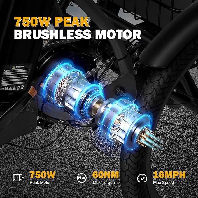 Qlife Triker Electric Bike, Peak 750W/1200W Brushless Motor Folding Trike Ebike, 499Wh Removable Battery, Step-Thru 3 Wheel Electric Bicycle, Up to 55 Miles, 20 Tire Tricycle for Adults
