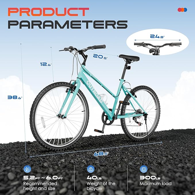26 inch 7-Speed Commuter Bicycle,Hybrid Bicycle,Men's Cruiser Bike/Mountain Bike V Brake,Metal Frame, Adult Bike (Black, White, Blue, Green, Purple, Pink)