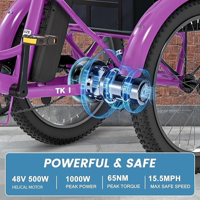 MOONCOOL Folding Electric Tricycle for Adults, 48V 500W 3 Wheels Electric Trike, Aluminum Frame 750W Electric Tricycle Adult Bicycle with Removable Battery, Front and Back Bags