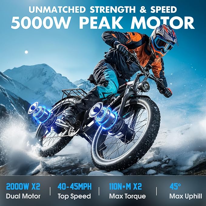 DATAONA 6500W Dual Motor Ebike for Adults Men 20MPH - Fast Electric Bike with 52V 32Ah Battery Up to 100 Miles, Lockable Suspension 24" Fat Tire Electric Bicycle for Off-Road Mountain Snow Commuter UL