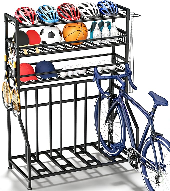 YOHKOH Bike Rack Garage, 4 Bike Stand with 3-Tier Storage Shelves & Side Holder, Heavy-Duty Bicycle Storage Rack for Garage Organizer, Adjustable Slots, 47.2" W x 22" D x 63" H