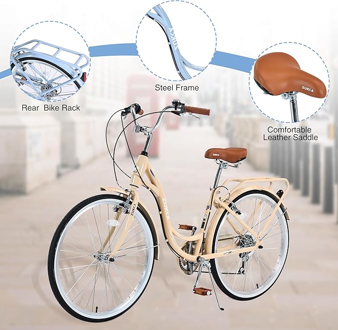 Commuter Bicycle, 26 Inch Ladies Bicycle for Adult, 7-Speed/High-Carbon Steel/Front & Rear Fenders, Ergonomic Upright Design Multiple Colors