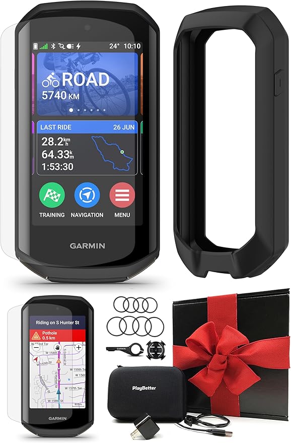 Garmin Edge 1050 Premium Cycling Computer Gift Box Bundle - Color Touchscreen, Built-in Speaker, Group Ride, Road Alerts with PlayBetter Silicone Case (Black), Screen Protectors, Wall Adapter & Case