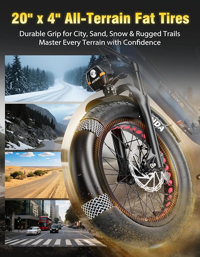 Heybike Ranger Foldable Electric Bike for Adults, 1200W/1800W Peak Motor, 28/32MPH E Bike, 55/90 Miles Range, 20"x4.0" Fat Tire Ebike with Removable Battery, Hydraulic Brakes for Snow, Beach,Commuting