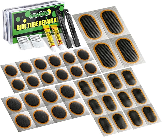 Bike Tube Patch Kit with Vulcanizing Patches - Assorted Sizes, Portable Bicycle Tire Repair Patches for Road, Mountain Bike, Scooter & Ebike Emergency