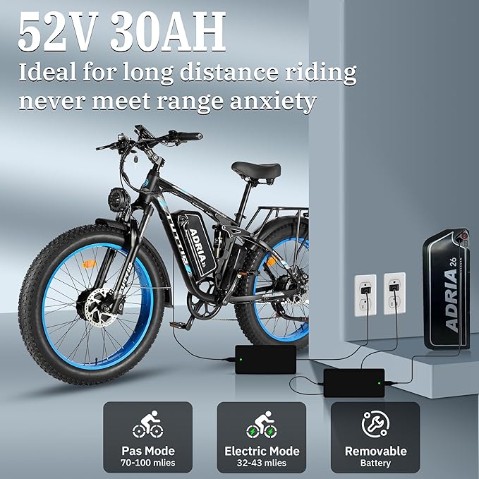 Tuttio Adria26 5000W/6000W Dual-Motor Ebike,40-46MPH Electric- Bike for Adults, 26 * 4" Fat Tire Electric Bicycle, 52V 25AH E-Bike Full Suspension Electric Dirt Bike for Off-Road Mountain Hunting