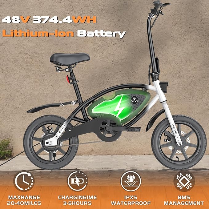Vivi PONY01 Electric Bike, 14" Electric Bicycle for Adults and Teens Peak 500W Motor 48V 374.4WH Battery, Max 40 Miles Range(Pedal-Assist) & Top 20 Mph, Cruise Control, SGS Certified to UL2849