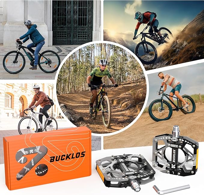 BUCKLOS MTB Bike Flat Pedals with Reflectors,Large Platform Mountain Non Slip CNC Aluminum Alloy Bicycle Pedals Sealed Bearing 9/16" Adult