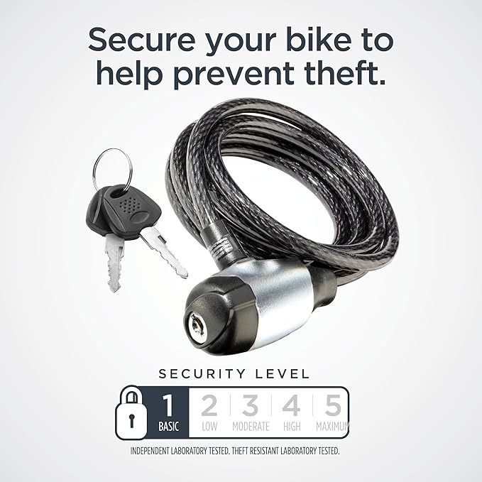 Schwinn Bike Cable Lock with Keys, 6 ft x 8 mm, Black, Durable Steel, Protective Vinyl Cover, Carrying Bracket for Transport, Anti Theft Protection, Bike Lock Cable for Security