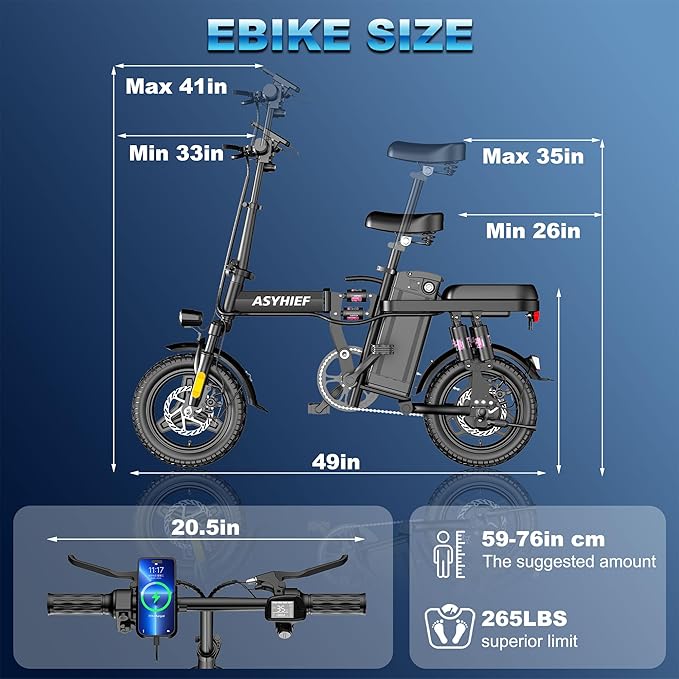 14" Folding Electric Bike for Adults, 1200W Motor 25MPH, 10-Point Suspension & High-Tensile Steel Frame, Commuter Ebike with Removable Battery 48V 10Ah