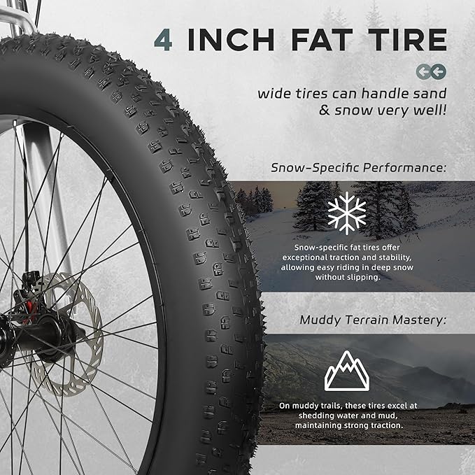 Outroad Fat Tire Mountain Bike with 26 inch Wheels, 21 Speed with High Carbon Steel Frame, Double Disc Brake and Front Suspension Anti-Slip Bikes