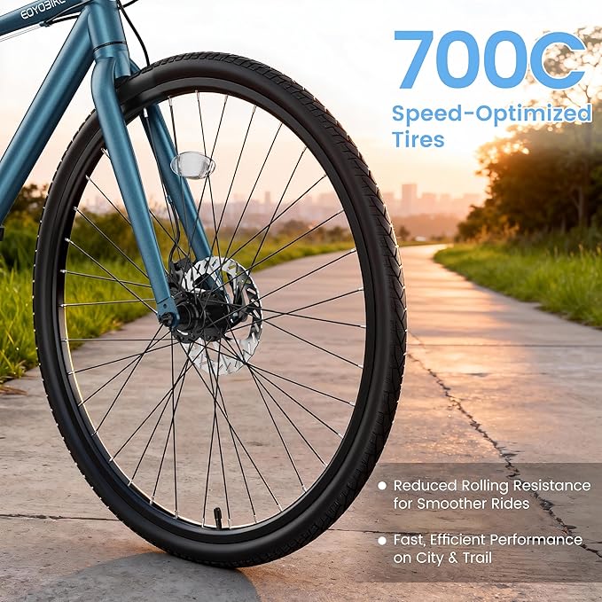 700C Hybrid Bike for Adults, Lightweight Aluminum City Commuter Bicycle, 8-Speed Urban Fitness Bike for Men & Women, Dual Disc Brakes, Upright Handlebar, LED Headlight & Reflectors