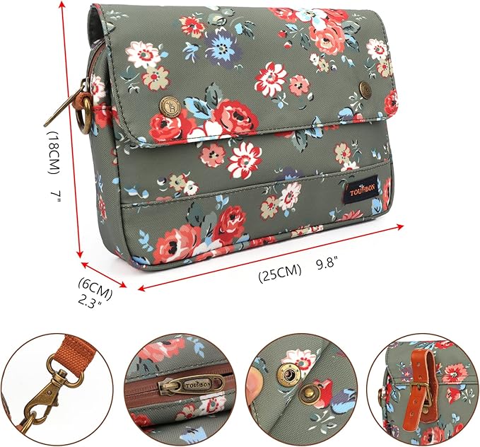 TOURBON Bike Bag Waxed Canvas Bicycle Handlebar Bag Zipper Closure Pouch Crossbar Front Frame Basket Cycling Saddebag Under Seat Strap-on Rear Rack Pannier (Green with Flower)