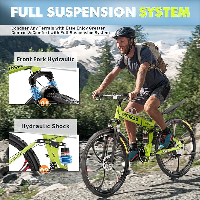 26 Inch Folding Mountain Bike, 21 Speed Full Suspension Bicycle Dual Disc Brake Non-Slip Quick Release tire for Adults Men Women(Balck/Pink/Green/Orange/White/Purple)
