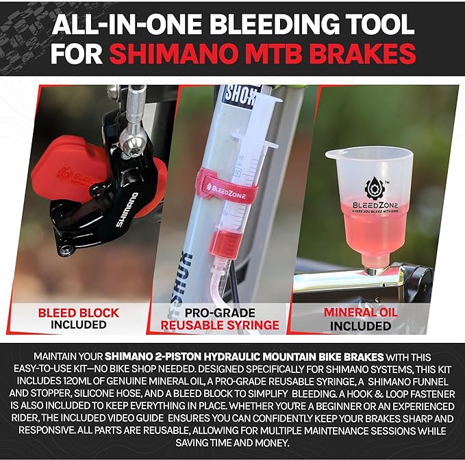 BleedZone Shimano Brake Bleed Kit with Mineral Oil - Hydraulic Brake Bleed Kit for Shimano Disc Brakes, Bike Brake Bleeder Kit, MTB Brake Bleed Kit, and Mineral Oil Brake Maintenance