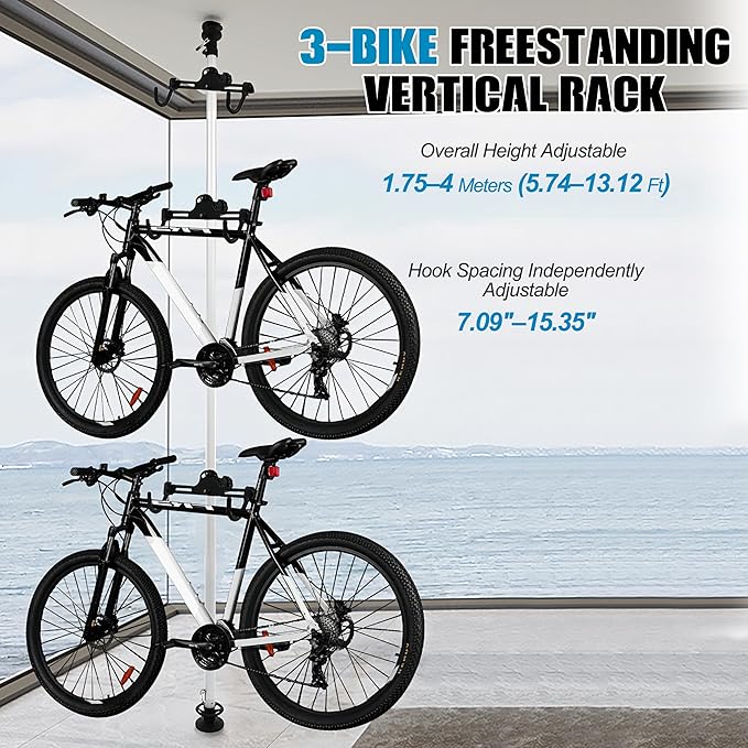 3 Bike Storage Rack, Floor to Ceiling Bike Vertical Freestanding Hanger Parking Rack, 360° Adjustable Hook Indoor Bike Storage Pole Stand, Floor Parking Cycle Organizer for Garages or Apartments