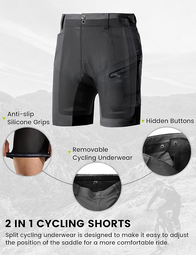 Nepest Mens Mountain Bike Shorts 3D Padded MTB Bicycle Riding Cycling Short Padding Liner Baggy Quick Dry,Zip Pockets