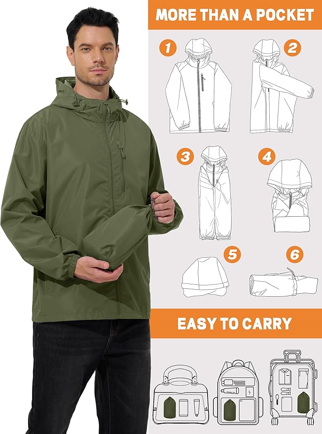 Men's Cycling Jacket Rain Jacket Waterproof Windbreaker Raincoat Running Hiking Gear Hood Lightweight Packable