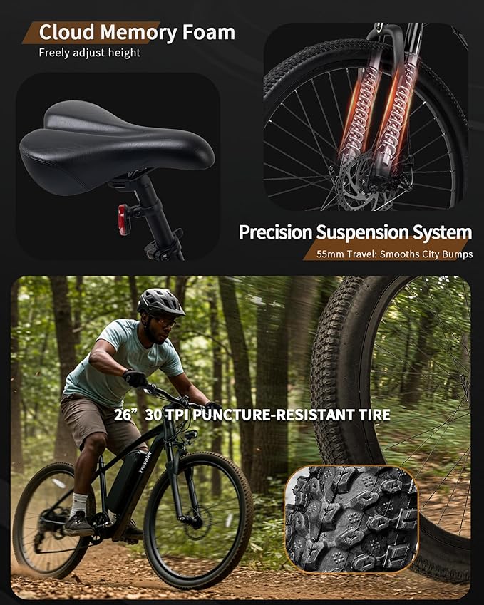 Electric Bike for Adults, 50/74 Miles 20 MPH Mountain EBike, Cadence/Torque Sensor with 500W Peak E Bike, 10.4/15.6Ah Removable Battery, 26“ Puncture-resistant Tires bike with Shimano 6-Speed