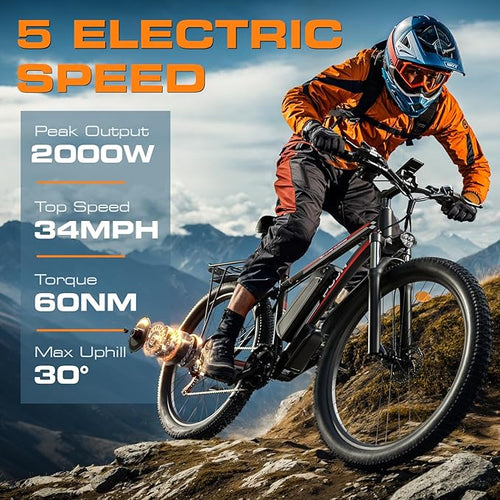 2000W Peak Electric Bike for Adults, 48V 17.5Ah 840Wh 29'' Tires Max 34 mph 30-80 Miles Range City Commuting Class3 Ebike Front Suspension Disc Brake for Off-Road Riding