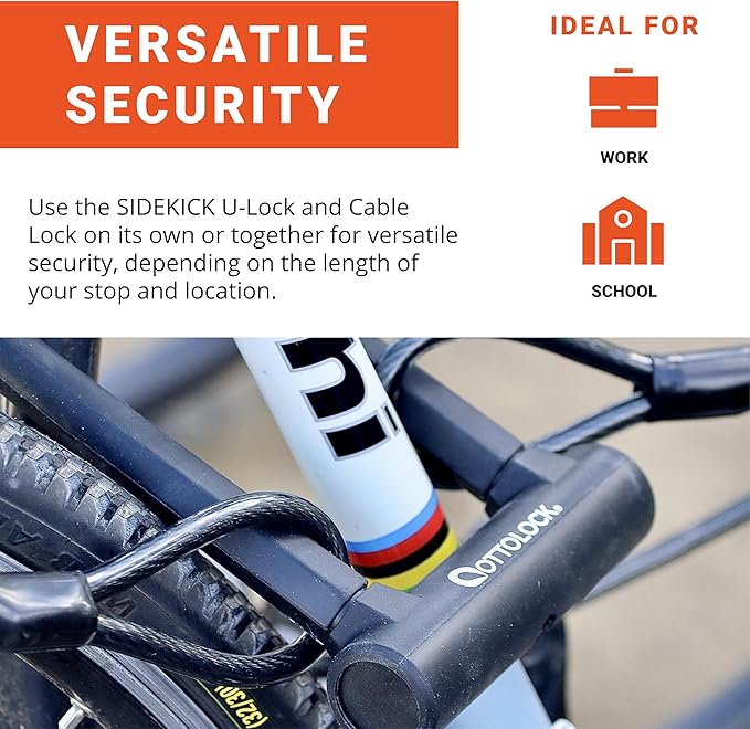 OTTOLOCK Sidekick Compact U-Lock and Cable Bundle - Heavy Duty Anti Theft Bicycle U-Lock with Keys, Silicone-Coated, Bike Accessories, Black