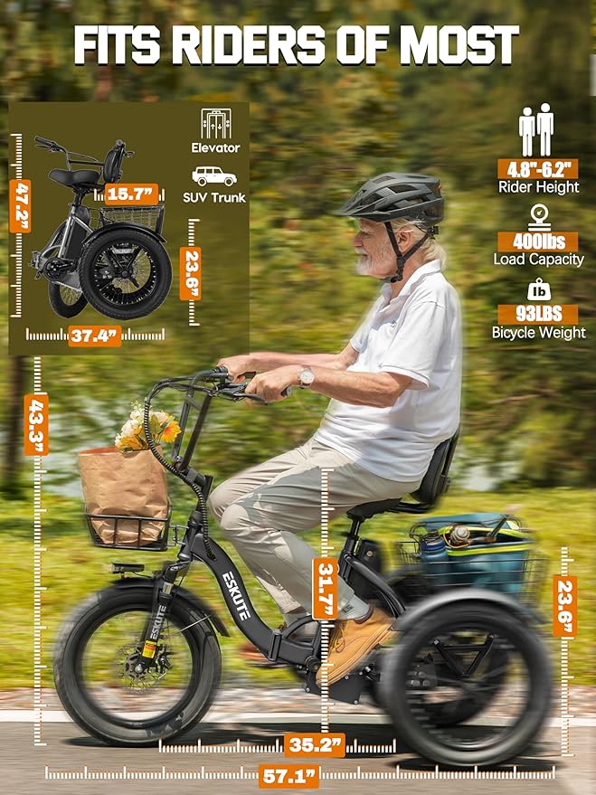 ESKUTE E Trike Electric Bike, Peak 1200W Brushless Motor Folding Trike 18X3.0 Fat Tire Ebike, 624Wh Removable Battery, Step-Thru 3 Wheel Electric Bicycle, Up to 55 Miles, 18MPH+ Tricycle for Adults