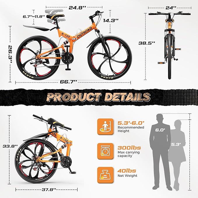 26 Inch Adult Folding Mountain Bike, 21 Speed Foldable Bicycle with Full Suspension, High Carbon Steel Frame, Folding Bikes for Men/Women/Teen, Dual Disc Brake