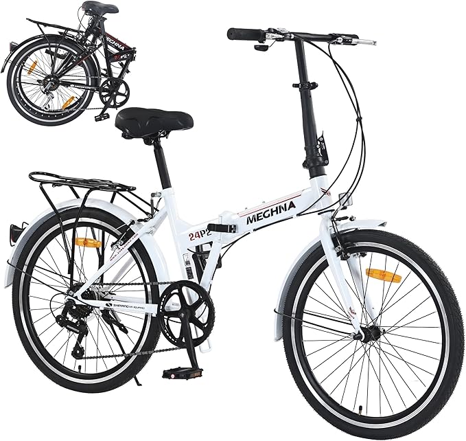 Folding City Commuter Bike for Adults, 24 Inch Bike 7 Speed Transmission System & Double V-Brakes Steel Light Weight Frame, Rear Carry Rack, for Men and WomenTeen, Quick Assembly in 20 Minutes
